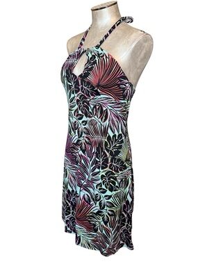Tommy Bahama Tropical Leaf Halter Midi Dress Black Multicolor Built in bra NEW